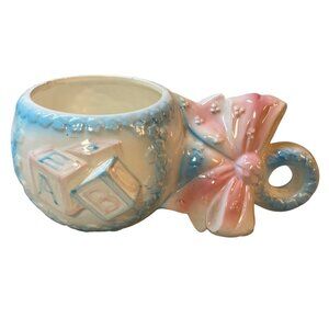 Vintage WALES Japan Baby Planter Pastel Rattle Ceramic Nursery Newborn Bow